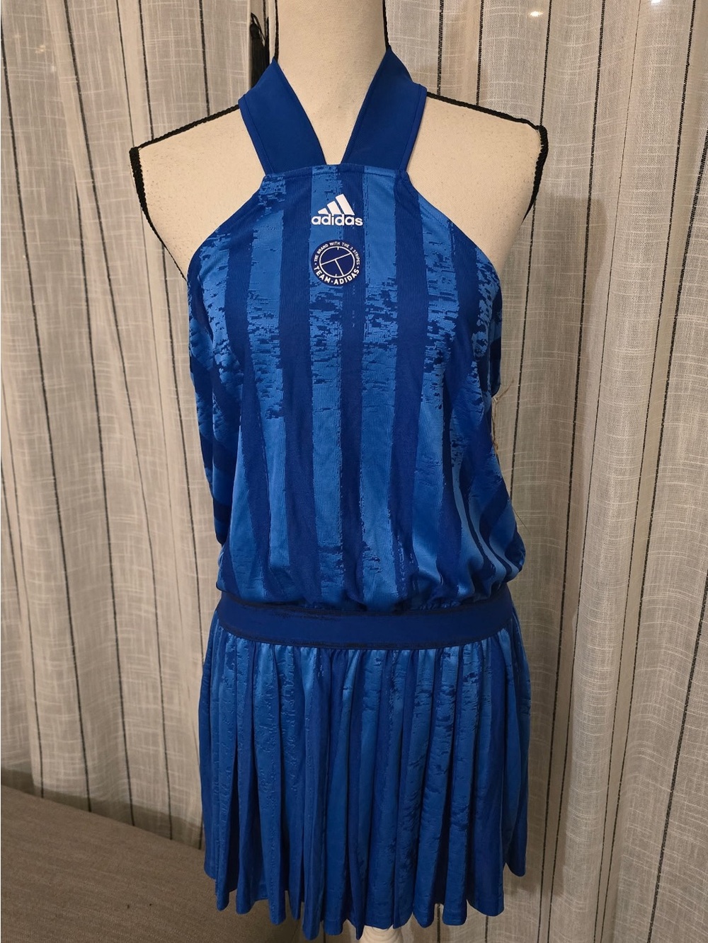 adidas Blue Halter Midi Dress with Pleated Skirt